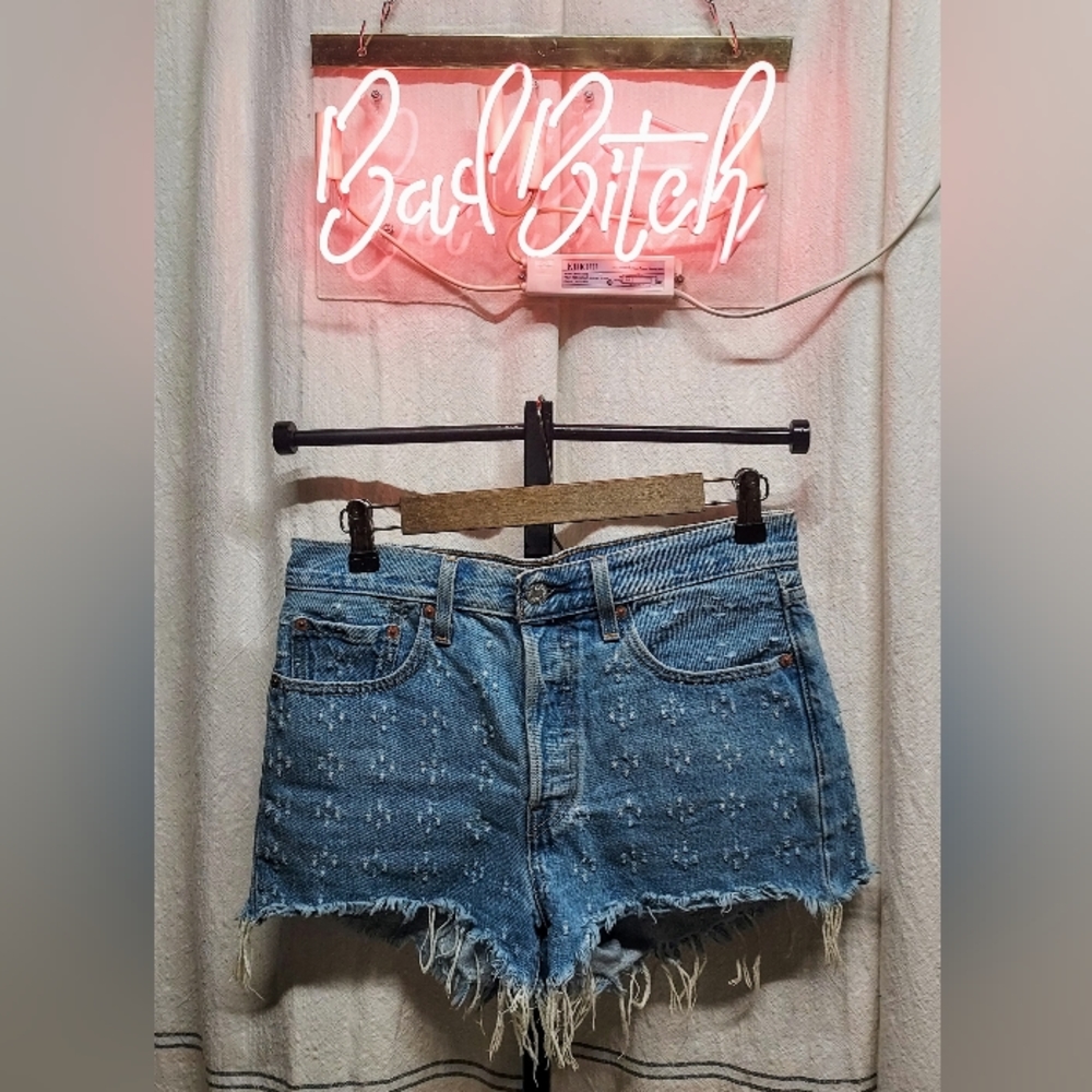 Levi's 501 high rise jeans shorts, button fly, fringe, dottie blues